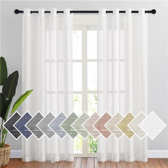 White Sheer Linen Curtains for Living Room 84 inch Length 2 Panels Set, Grommet - Picture 1 of 7